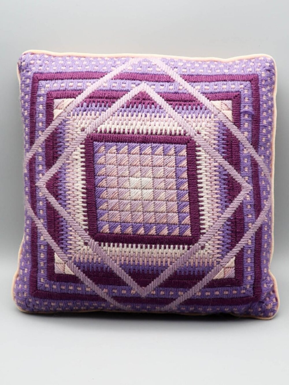 Vtg Handmade Bargello Geometric Needlepoint Throw Pillow Amethyst Velvet Backed